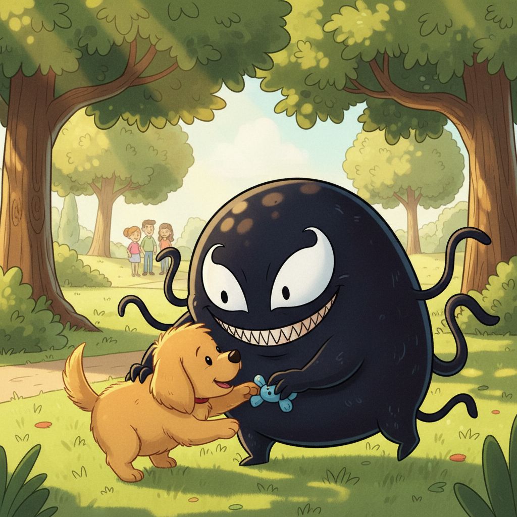 Cute Venom fan art playing with a puppy in a park, cartoonish.