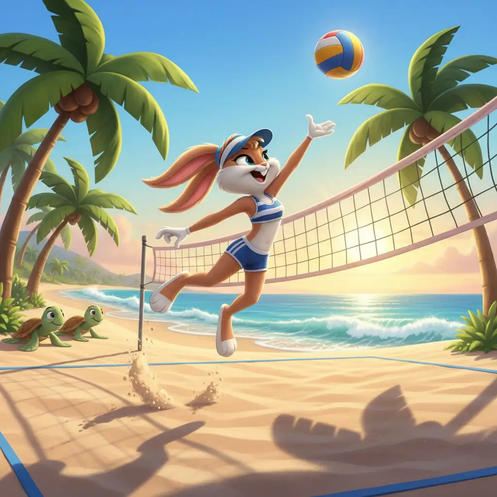 Lola Bunny playing beach volleyball on a sunny cartoon beach.