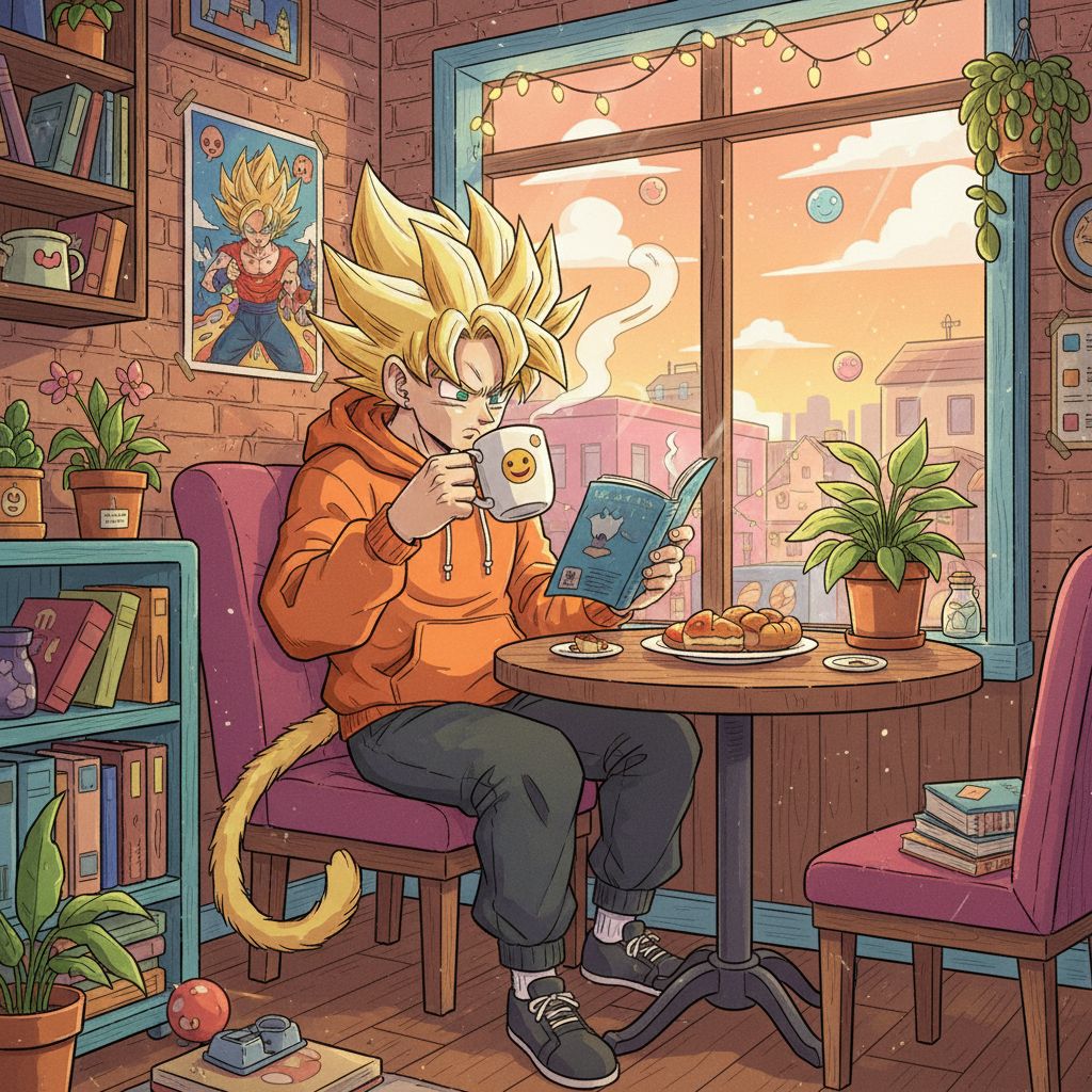 Cute Goku fan art illustration of Goku relaxing in a cafe with manga.