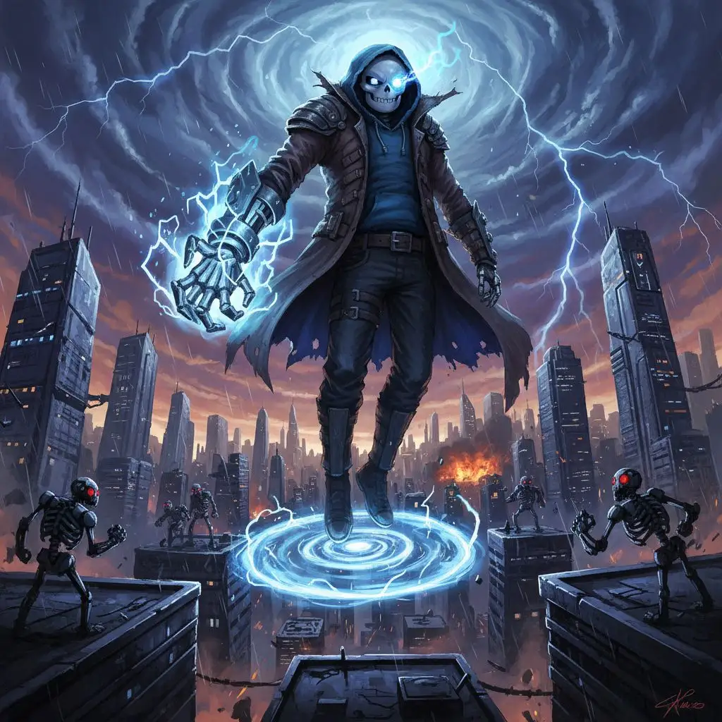 Epic Sans descending onto a futuristic cityscape with blue energy.