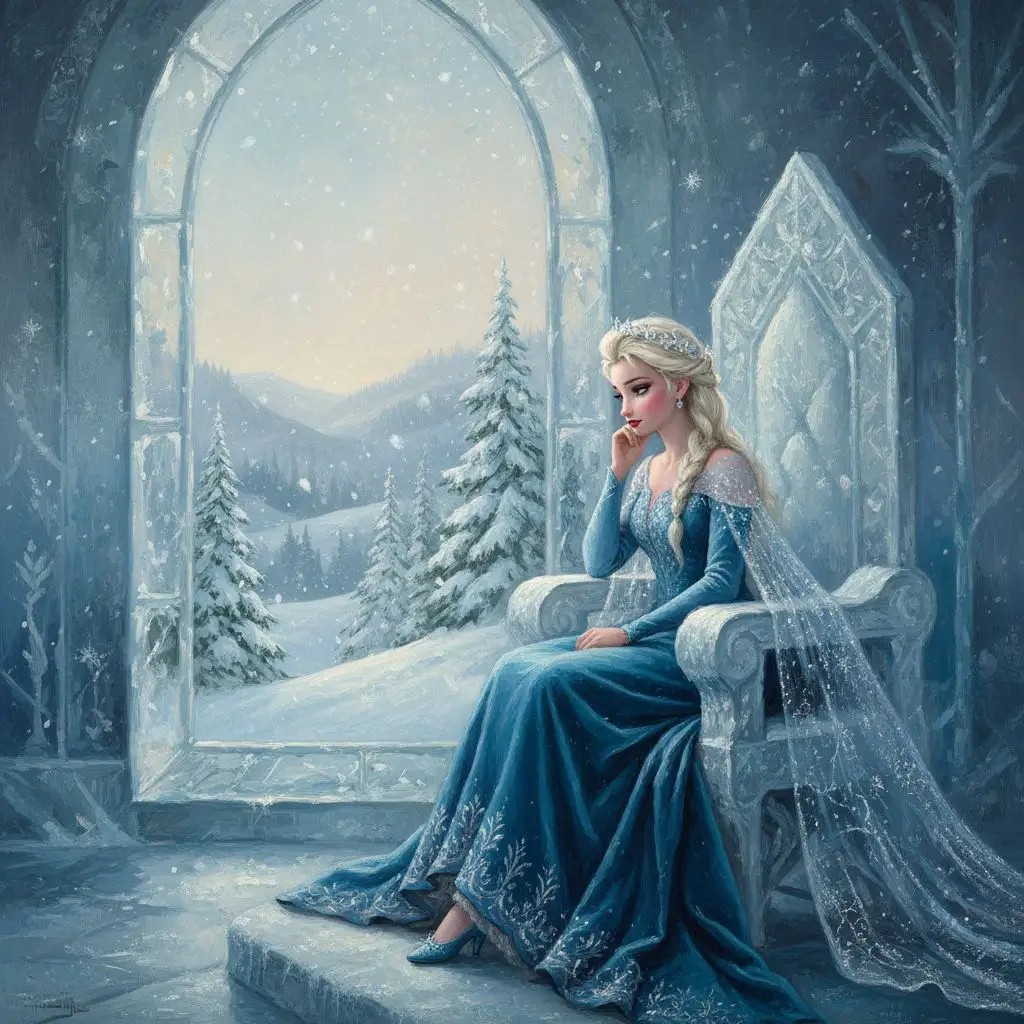 Classical oil painting of Elsa gazing at a snow-covered landscape from her ice palace.
