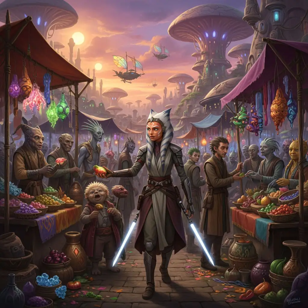 Ahsoka Tano exploring an alien marketplace