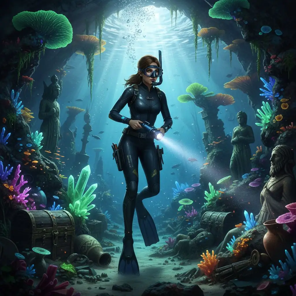 Lara Croft exploring an underwater cave, AI generated fan art.