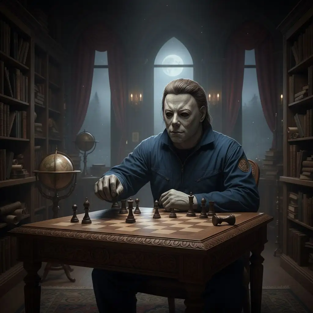 Michael Myers playing chess in a library, dramatic chiaroscuro lighting.