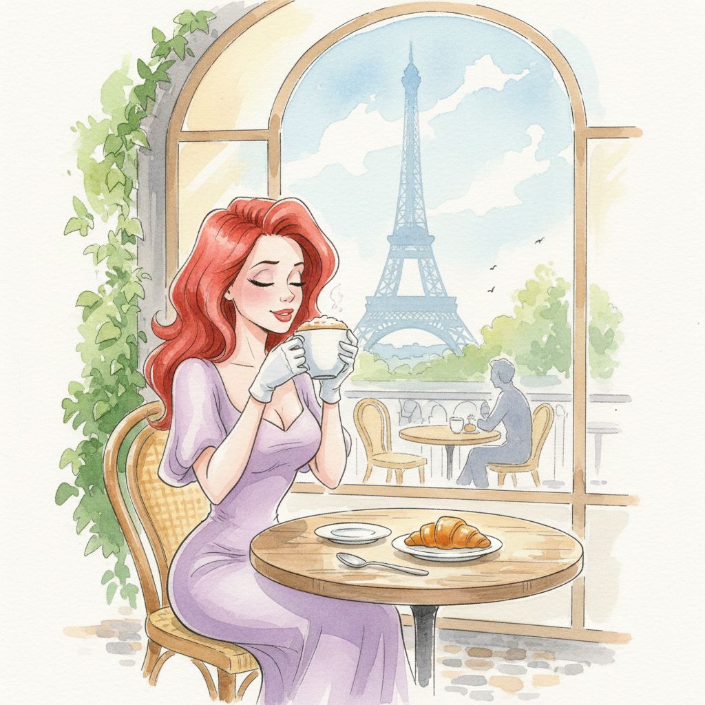 Jessica Rabbit at a Parisian cafe with the Eiffel Tower in the background.