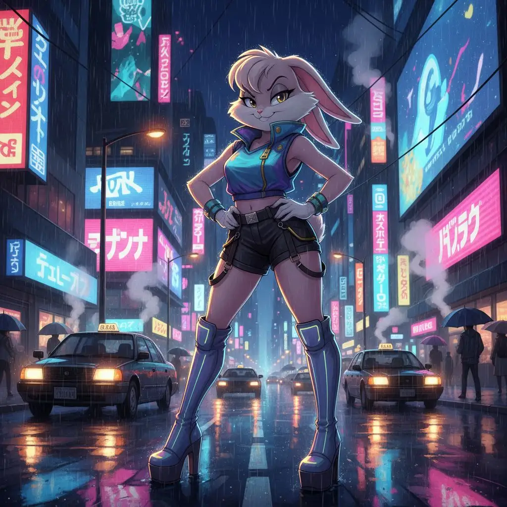 Lola Bunny posing on a neon-lit city street at night in anime style.