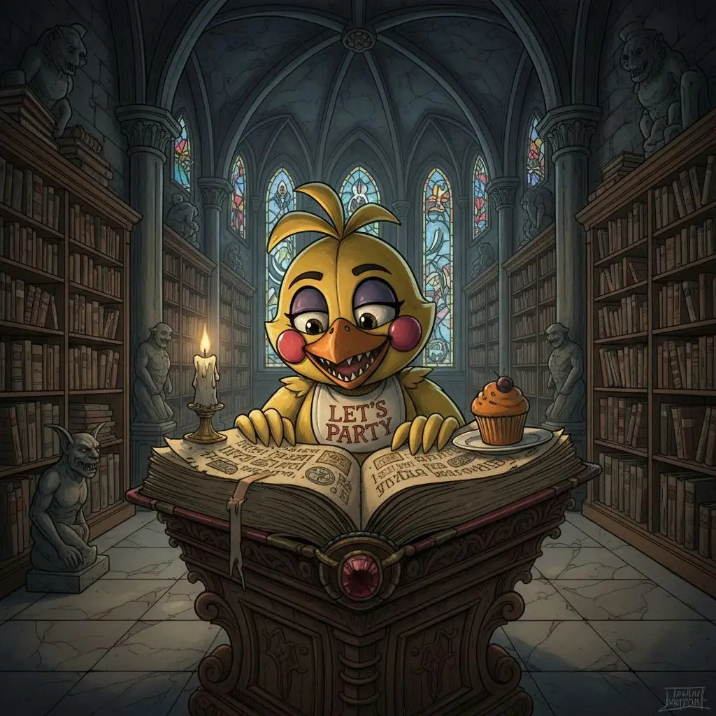 Mischievous Toy Chica reading an ancient book in a grand library, gothic art style.