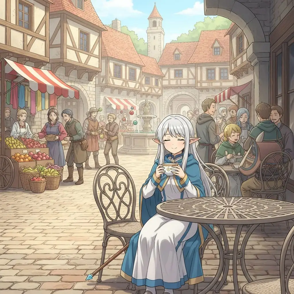 Frieren Fan Art: Frieren enjoying tea at a lively medieval town cafe, AI illustration.