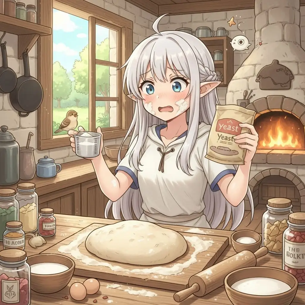 Frieren Fan Art: Frieren humorously attempting to bake in a kitchen, expressive AI art.