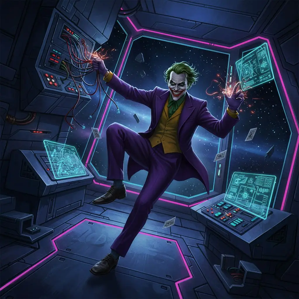 The Joker floating in a futuristic space station, sci-fi concept art style.