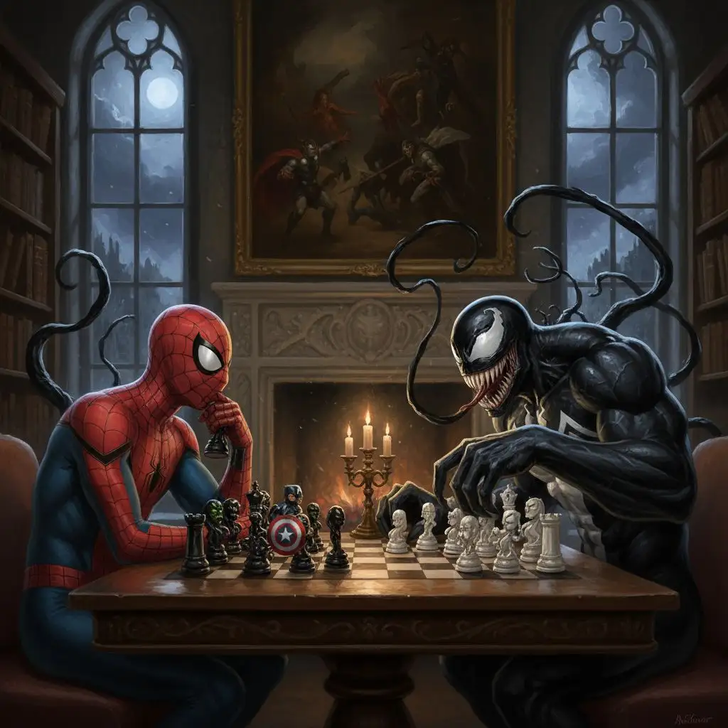 Spiderman and Venom playing chess in a dramatic study