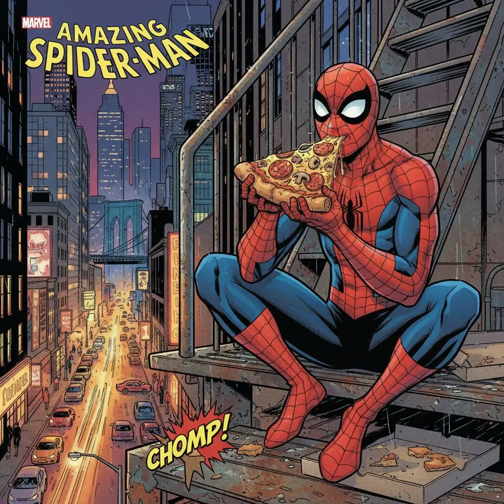 Spiderman enjoying pizza on a fire escape in New York City, comic book style