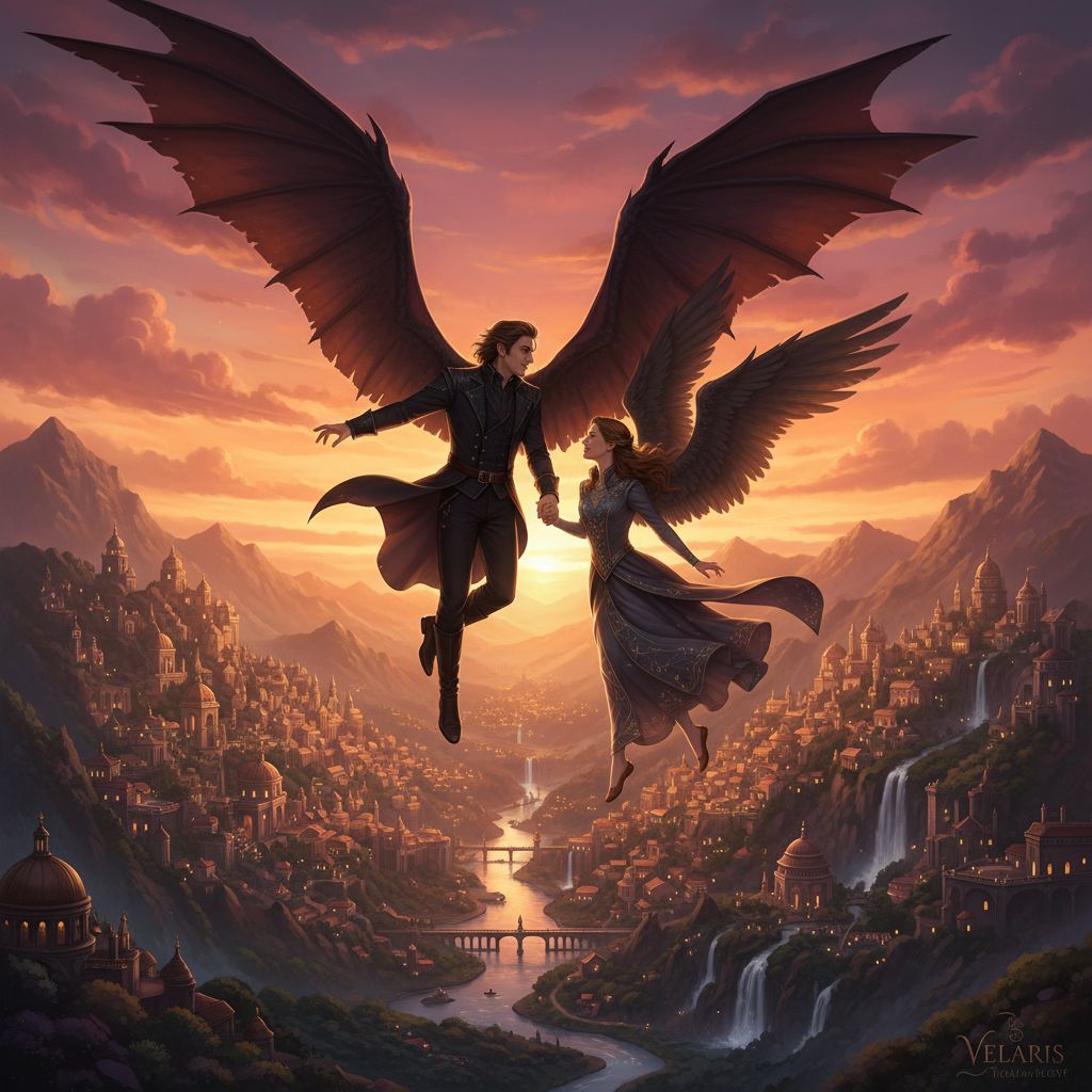 Rhysand and Feyre flying hand in hand above Velaris at sunset, freedom and romance.