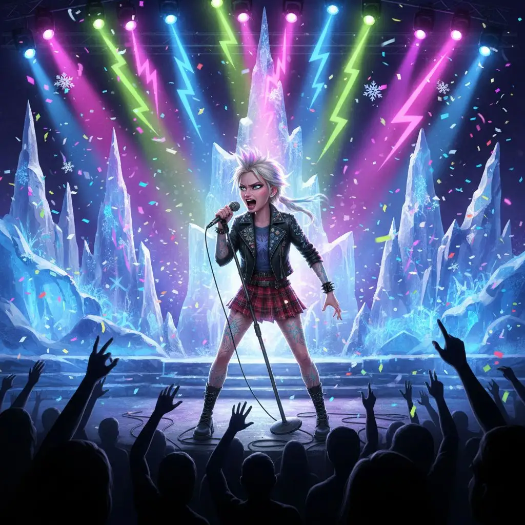 Punk rock Elsa singing on stage under neon lights with ice shards.