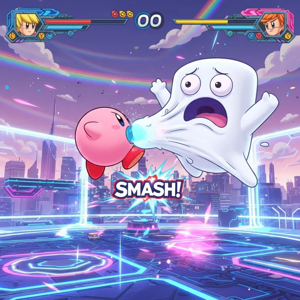 Kirby battling a monster in a Super Smash Bros. Ultimate arena, action fan art.