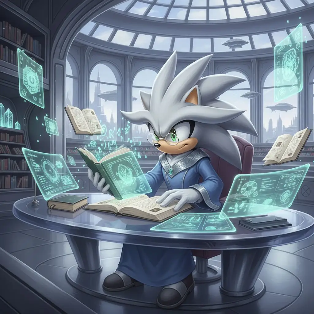Silver the Hedgehog reading in a futuristic library, digital art.