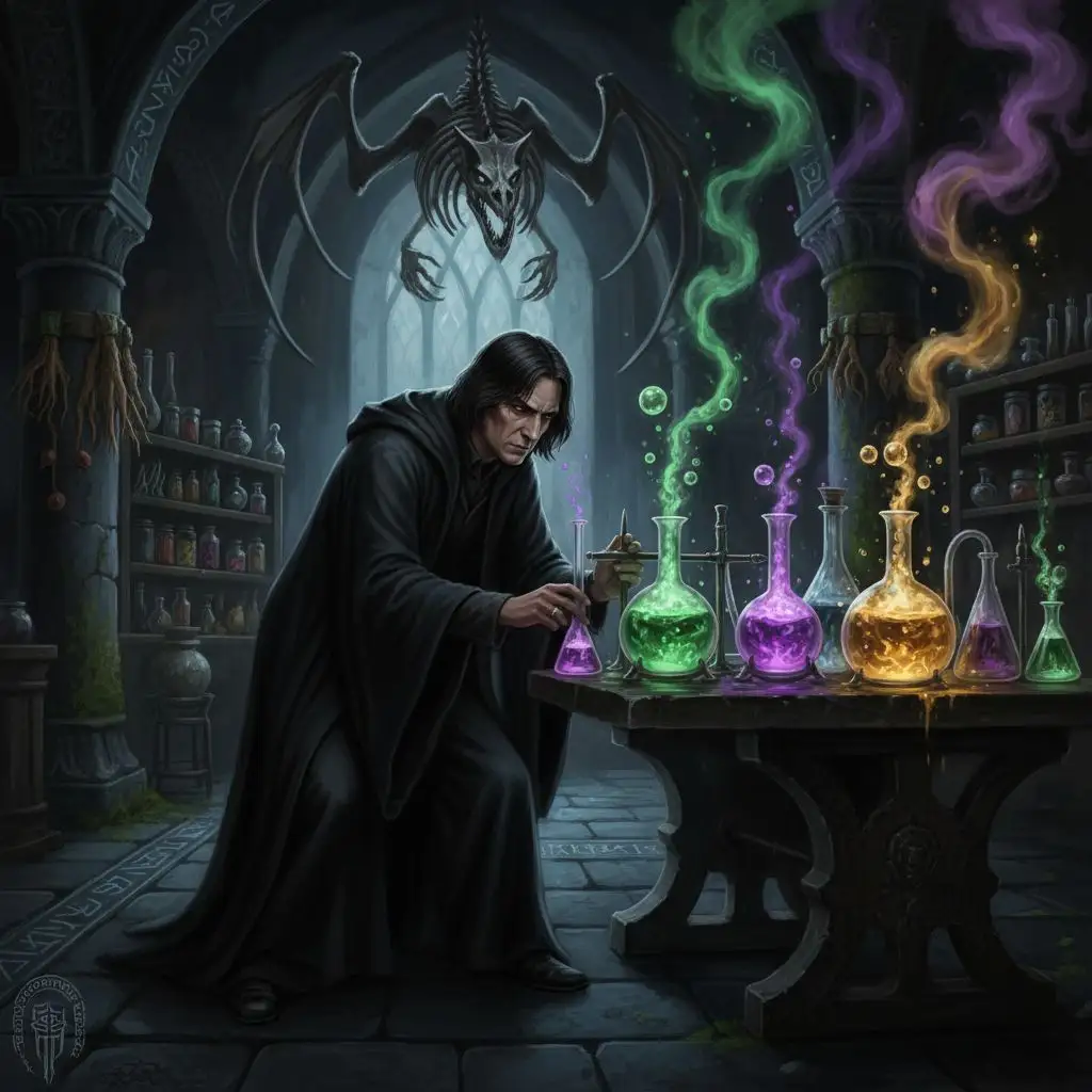 Severus Snape brewing potions in his mysterious laboratory.