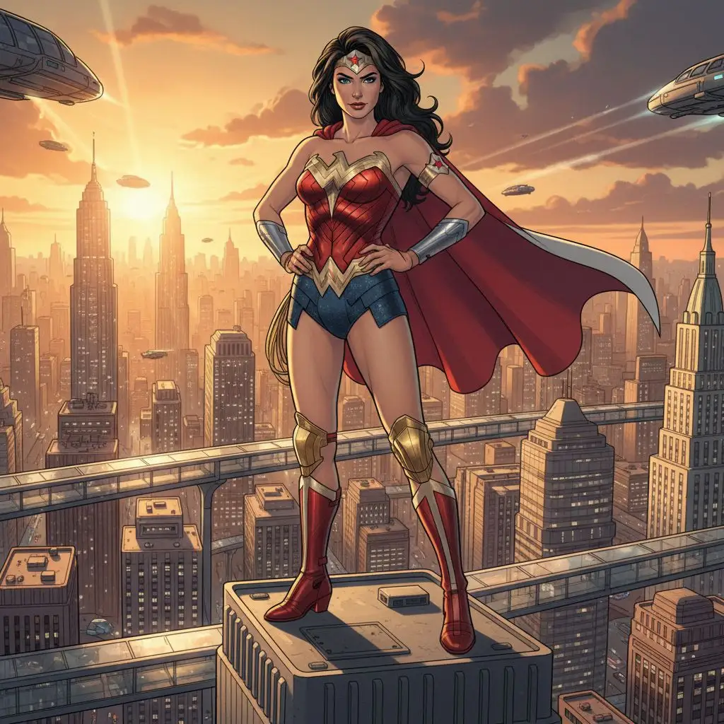 Wonder Woman heroically standing on a futuristic cityscape at sunset in comic style.