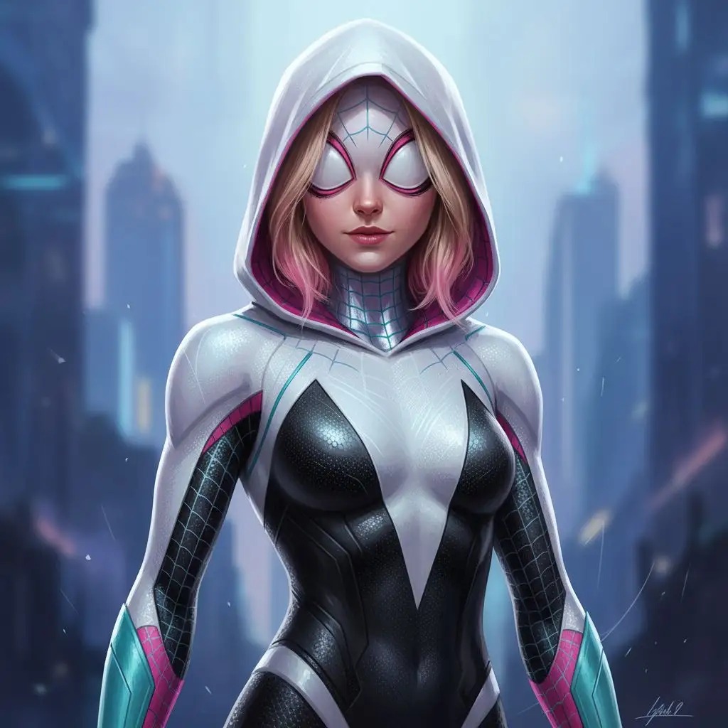 Realistic portrait of Spider Gwen, detailed digital painting.