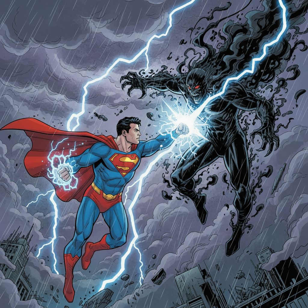 David Corenswet Superman fighting a shadowy figure in stormy sky.