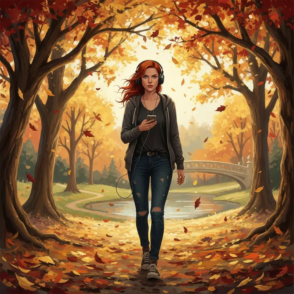 Black Widow walking casually in an autumn park, everyday street style.