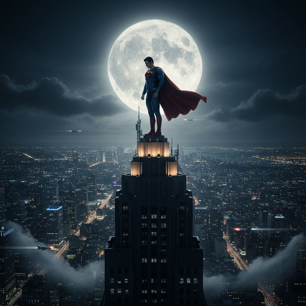 Reflective Superman on skyscraper at night under full moon.