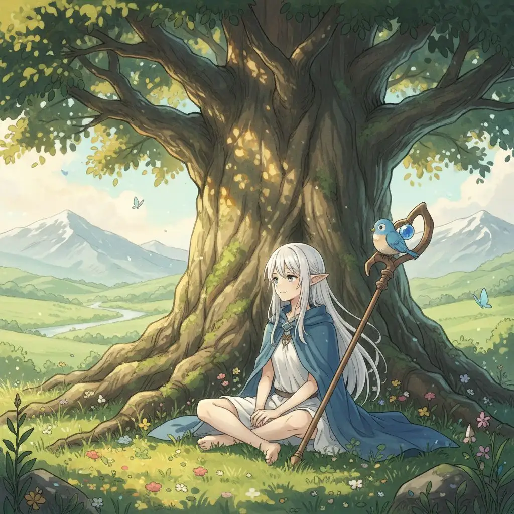 Frieren Fan Art: Frieren resting under a tree, observing nature, tranquil AI artwork.