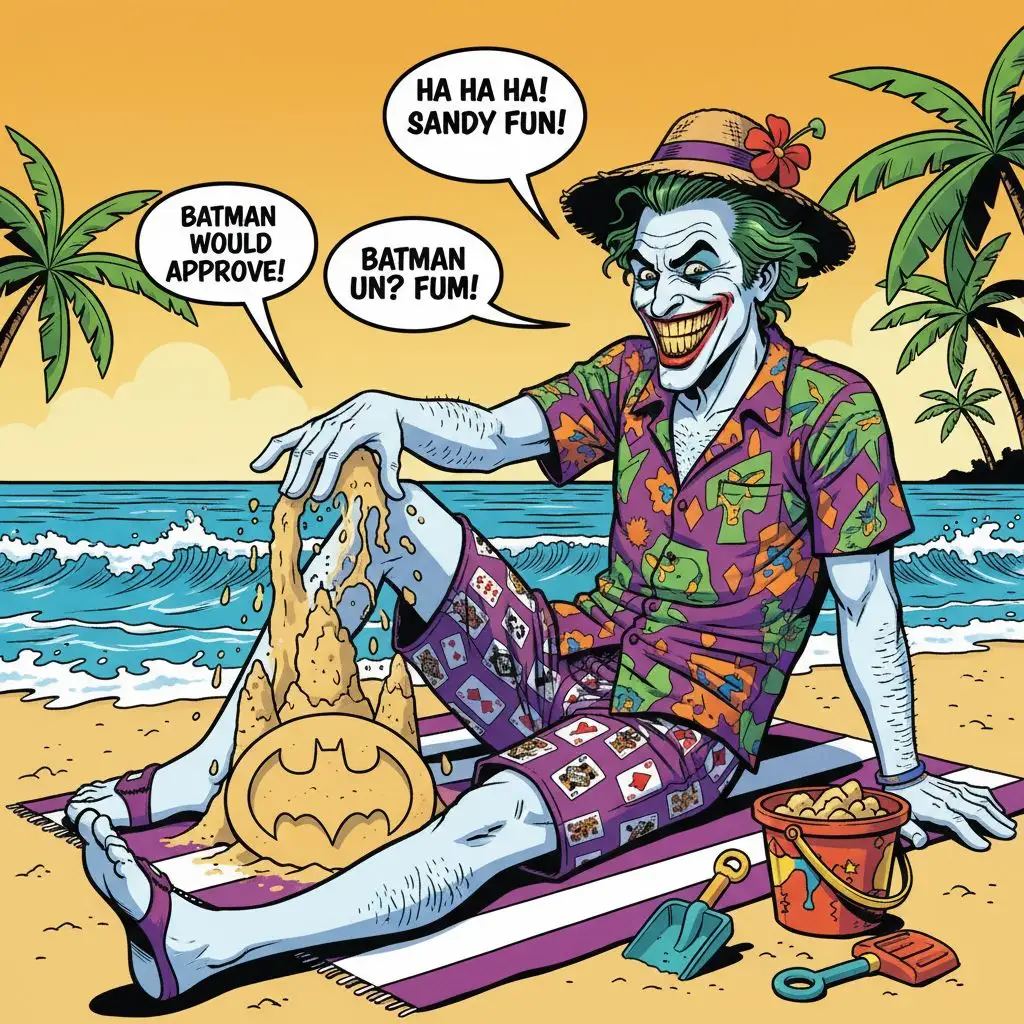 The Joker building a sandcastle on a sunny beach in Hawaiian attire, pop art style.