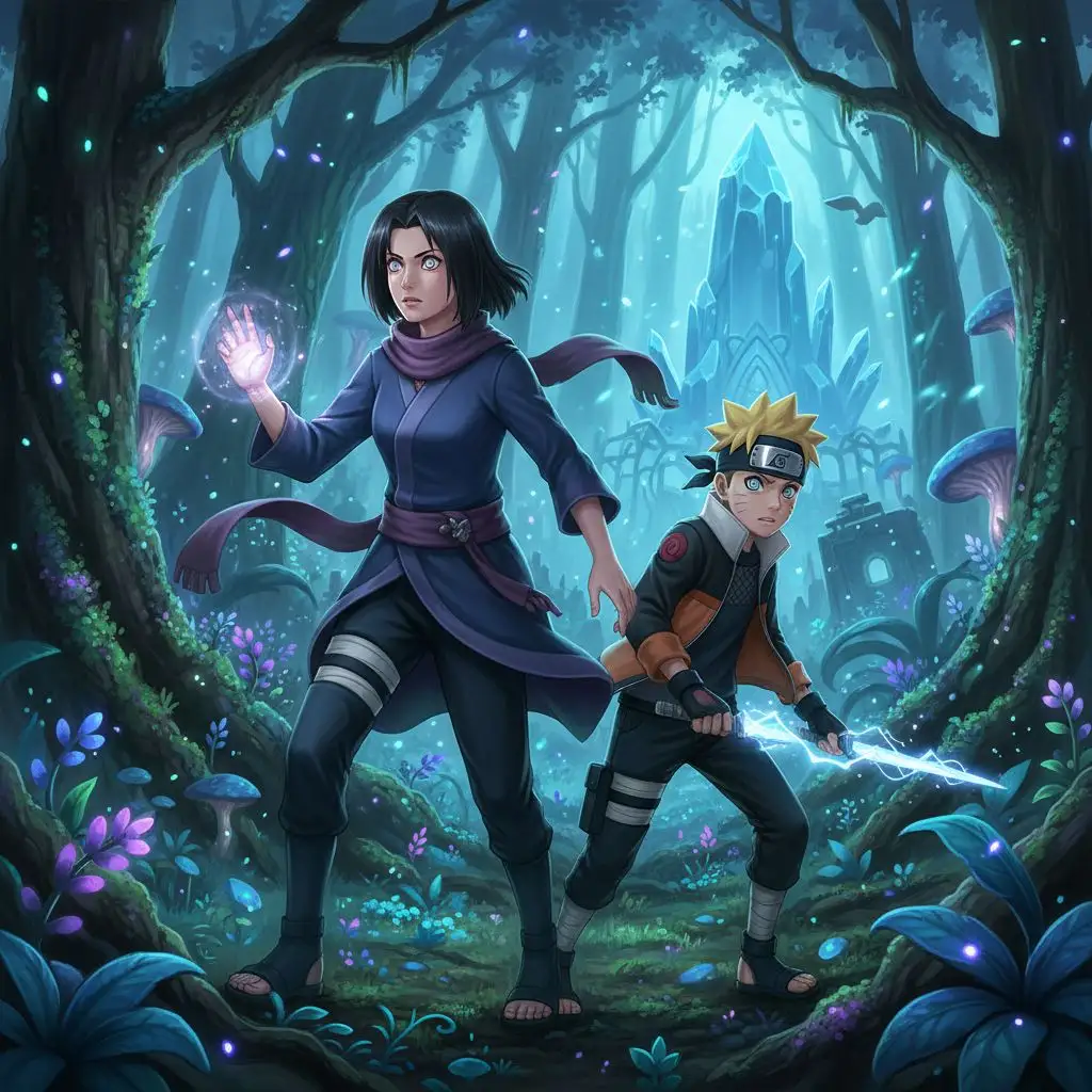 Hinata and Boruto on a mission in a mystical glowing forest.