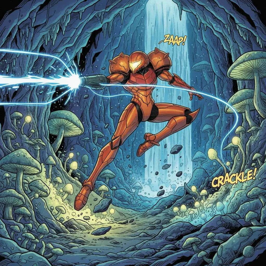 Samus Aran in Power Suit firing arm cannon in a bioluminescent cave.