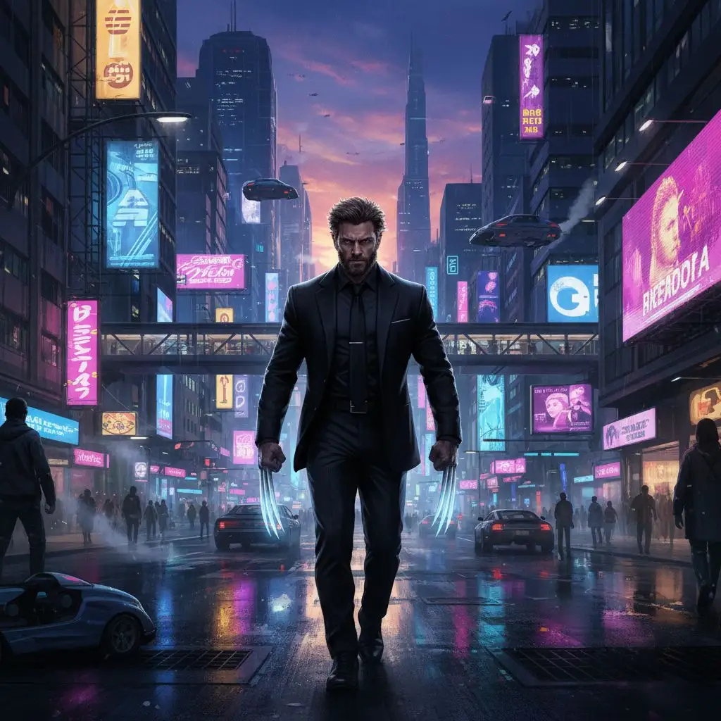 Wolverine in cyberpunk cityscape with neon lights, digital art.
