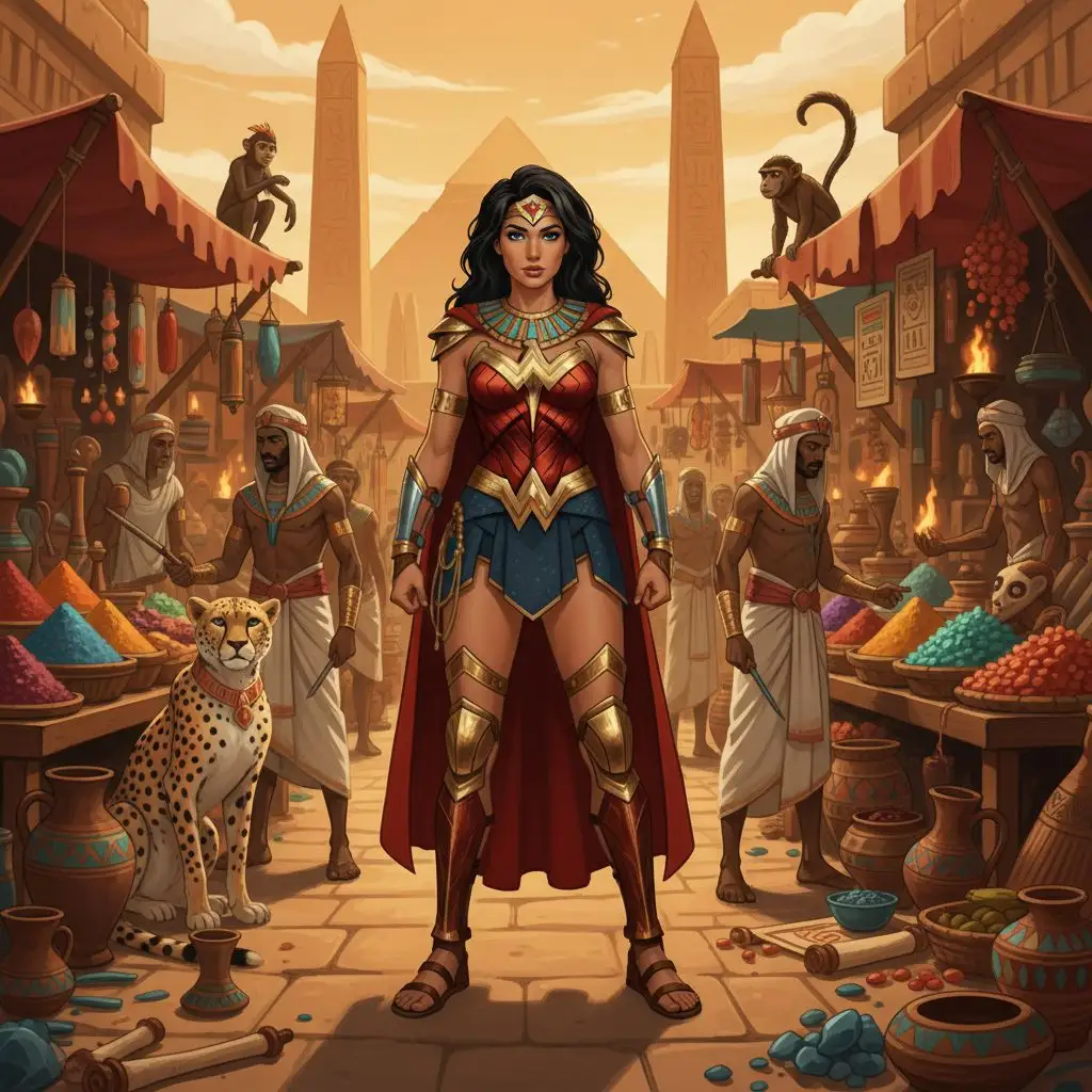 Wonder Woman in a bustling ancient Egyptian market.