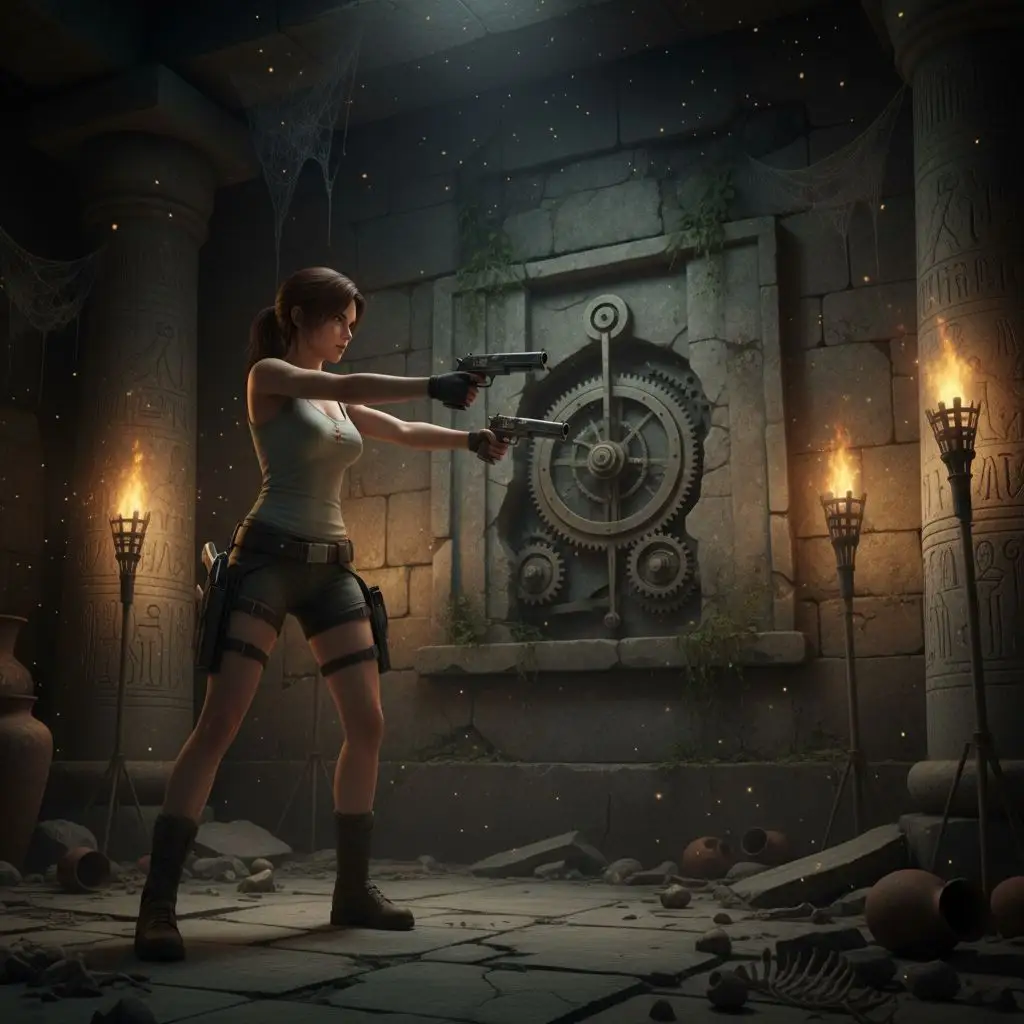 Lara Croft aiming pistols in an ancient tomb, AI generated fan art.