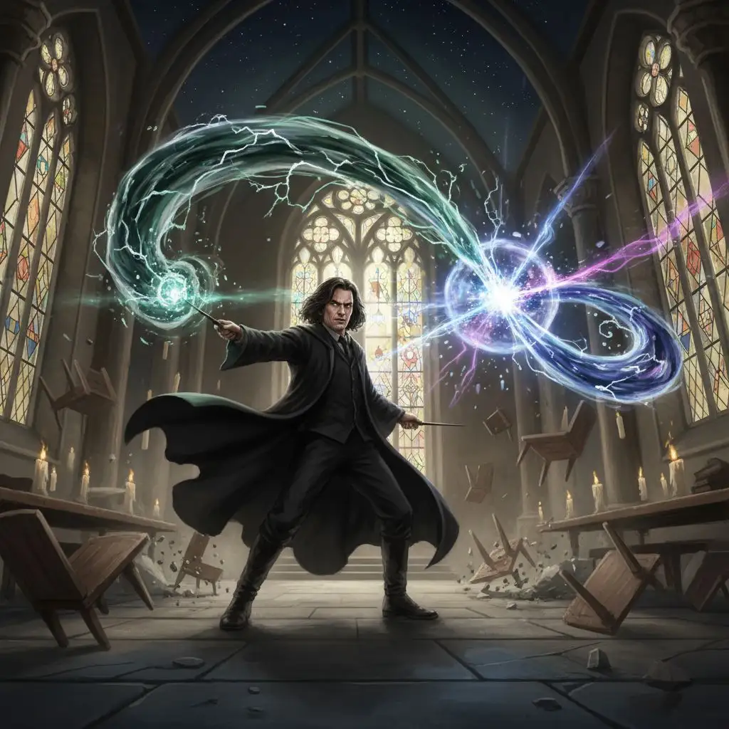 Severus Snape in a magical duel within the Great Hall.
