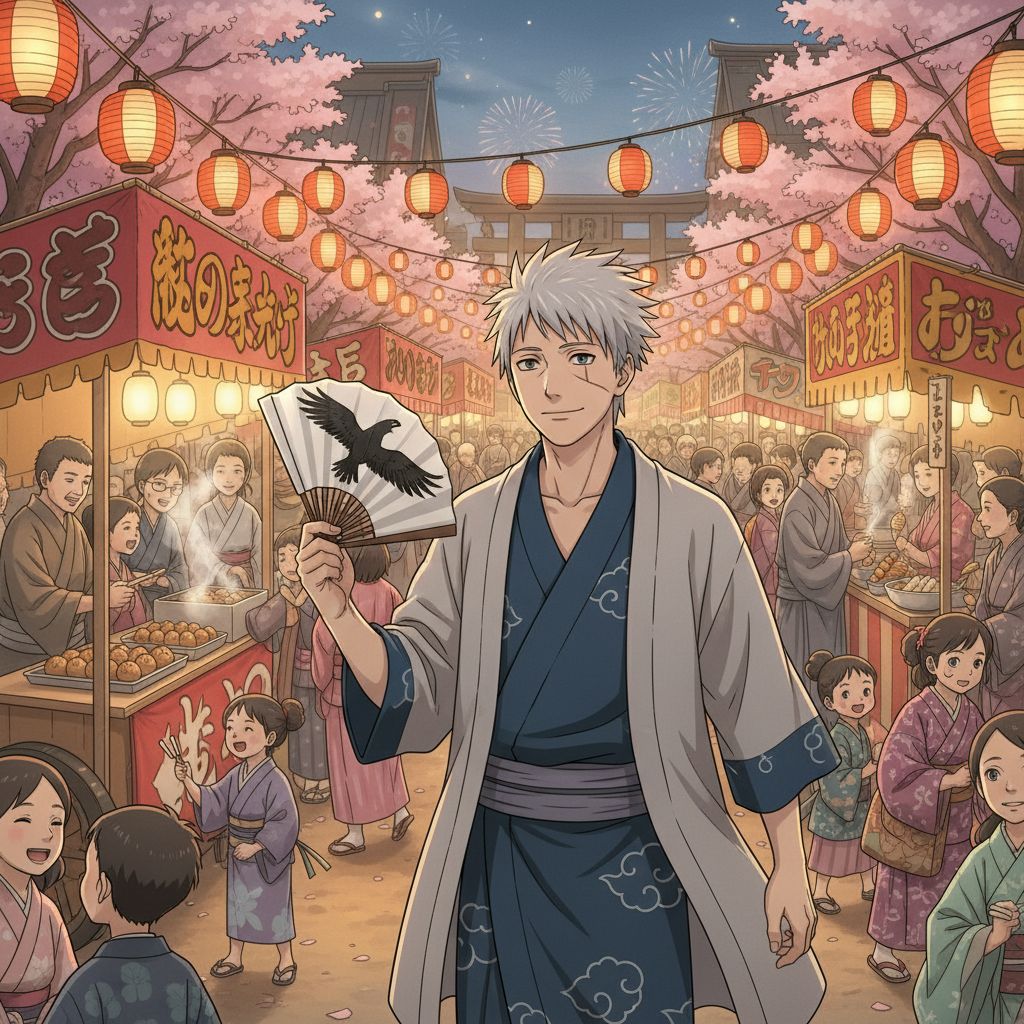 Maskless Kakashi Hatake smiling at a festival, slice-of-life anime.