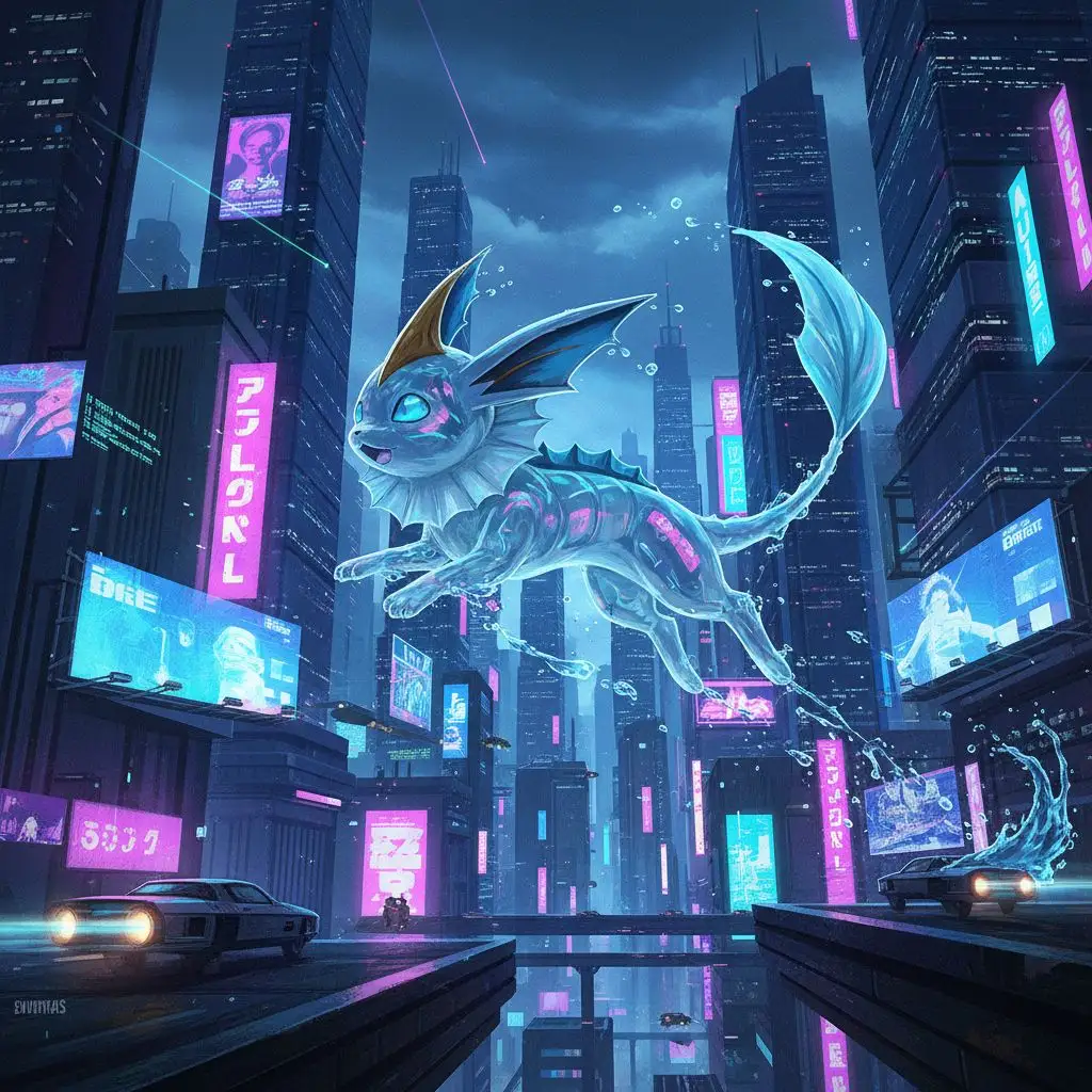 Vaporeon leaping in a futuristic city
