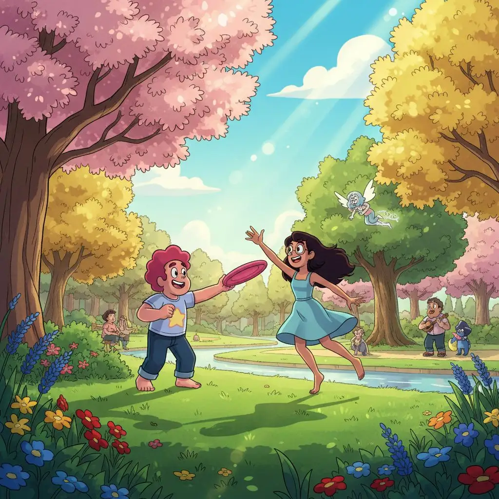 Steven Universe and Connie playing frisbee in a sunny park, animated film style.
