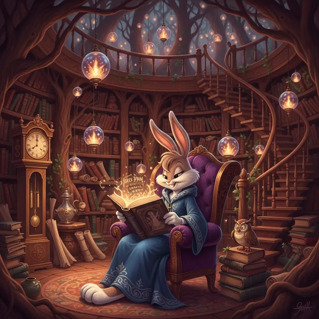 Lola Bunny reading a magical book in an enchanted library.