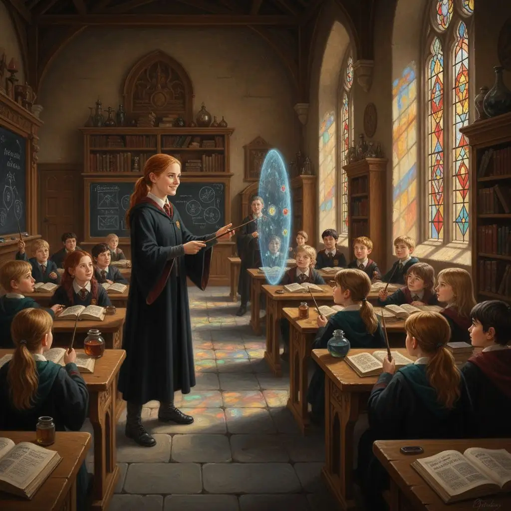 Ginny Weasley teaching spells in a Hogwarts classroom, fan art.