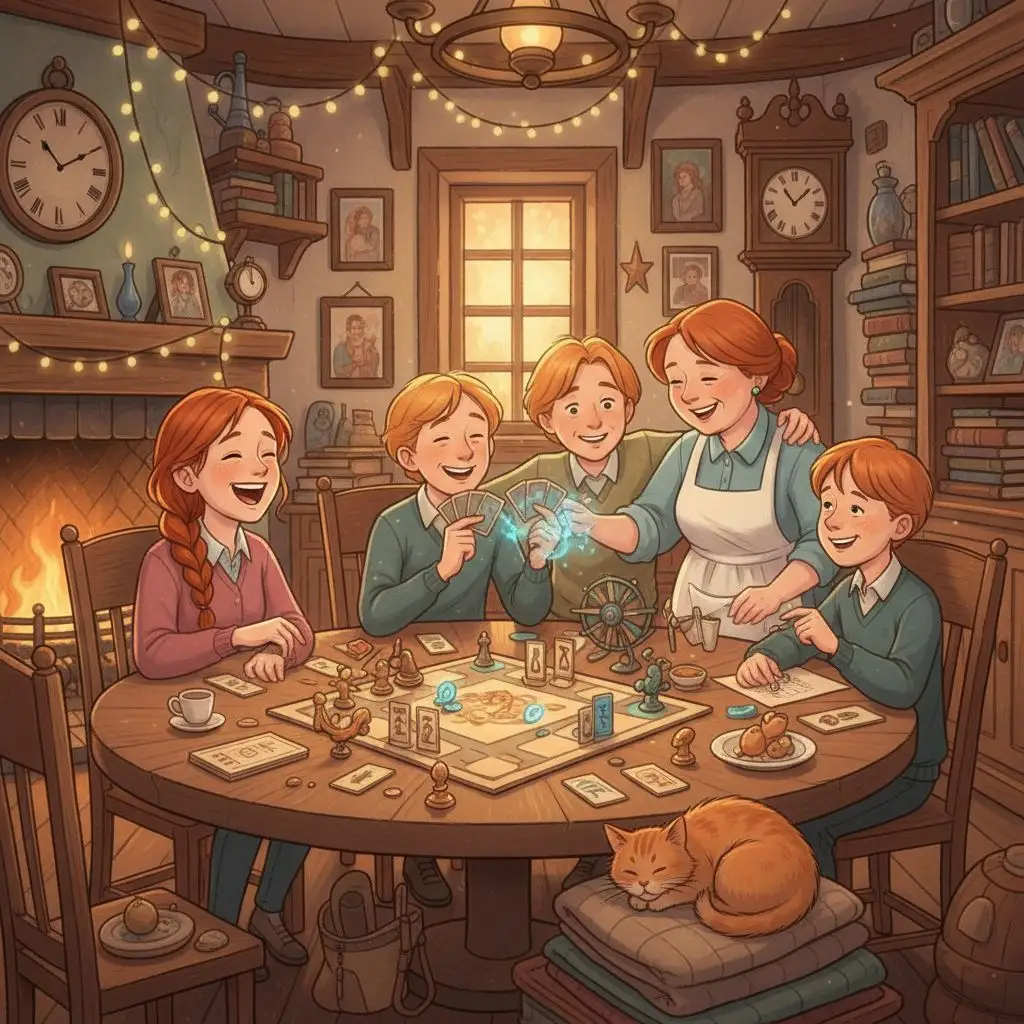 Ginny Weasley laughing while playing a game with her family at the Burrow, fan art.