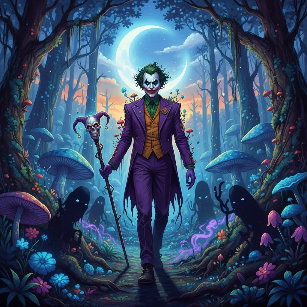 The Joker walking through a twilight forest, digital art with fantastical elements.