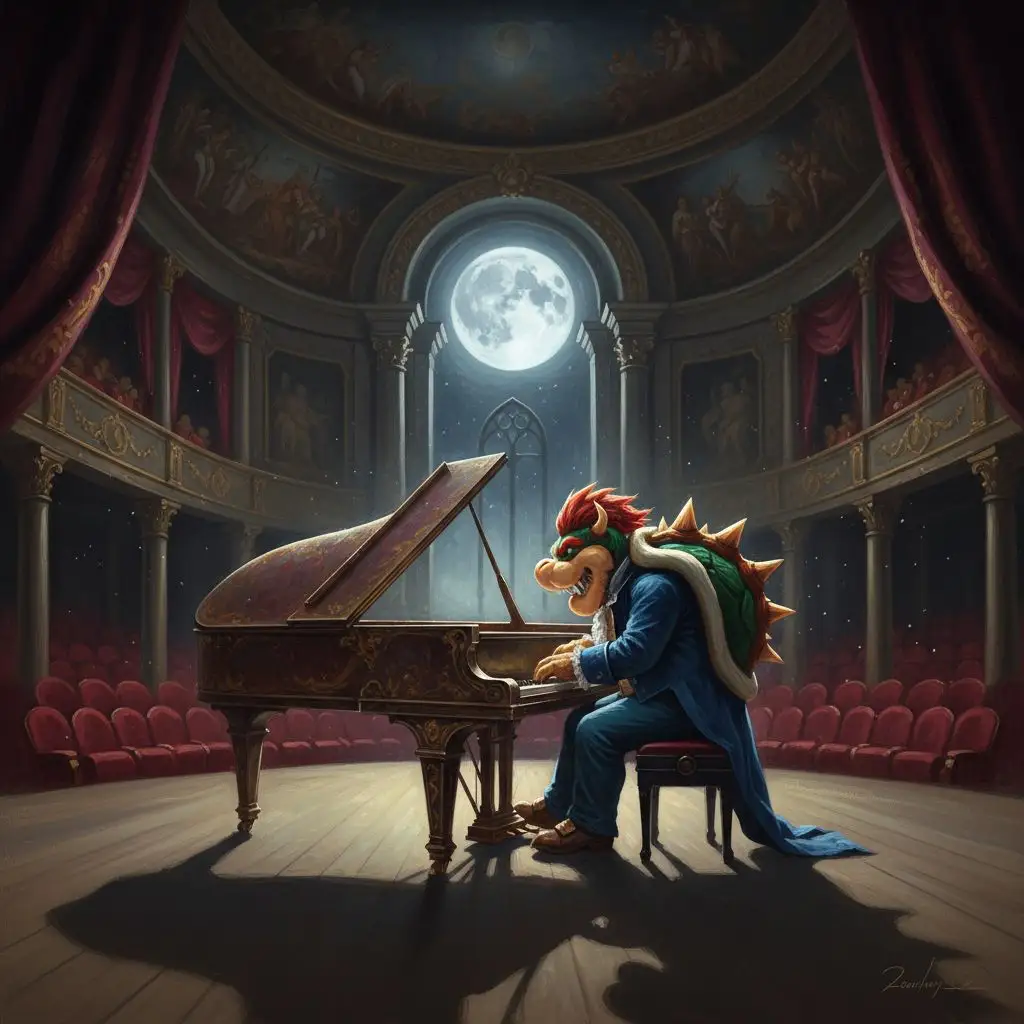 Bowser playing a grand piano on a moonlit stage, Bowser fan art.