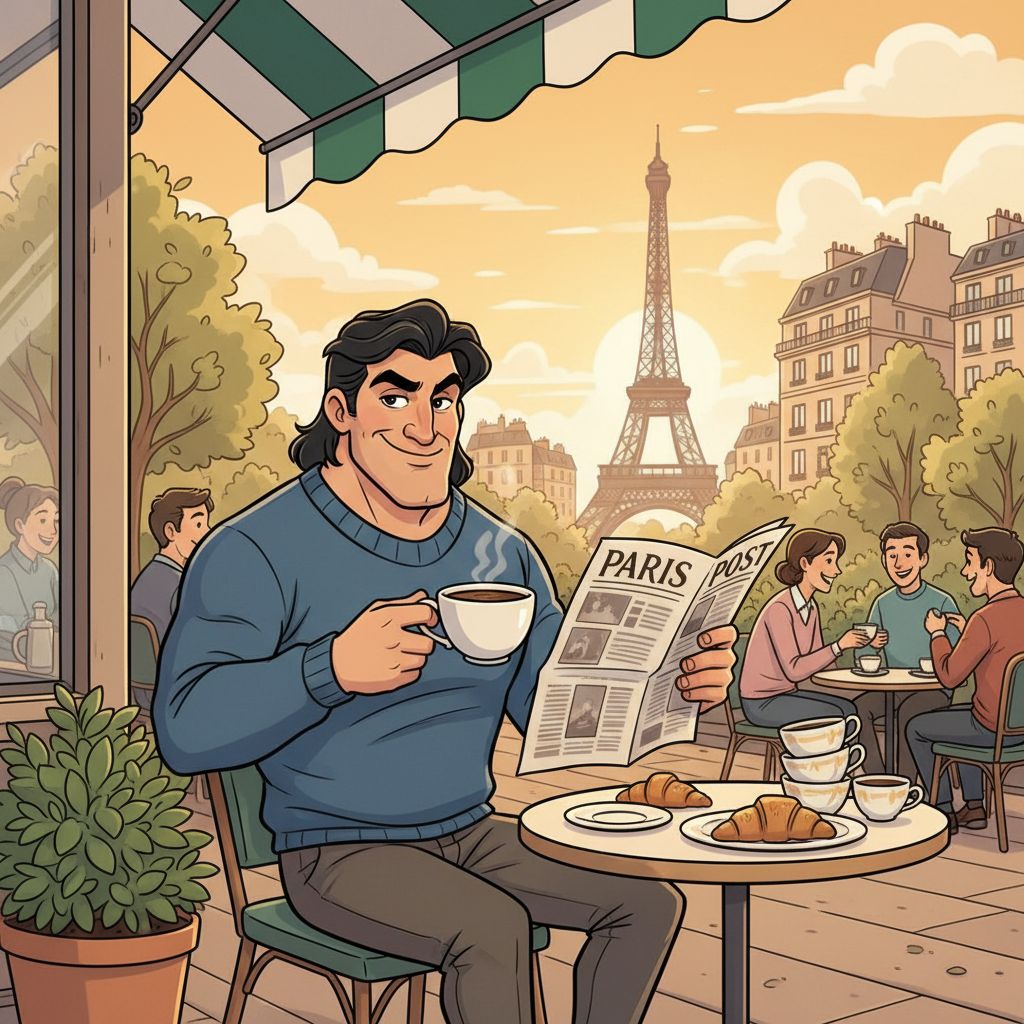 Gaston from Disney enjoying coffee at a Parisian cafe, cartoon style.