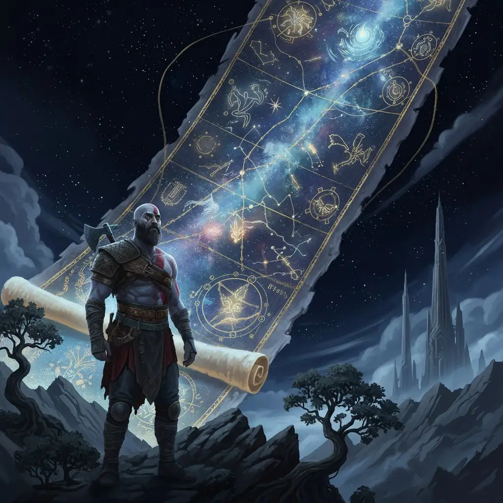 Kratos viewing celestial map, gow concept art.