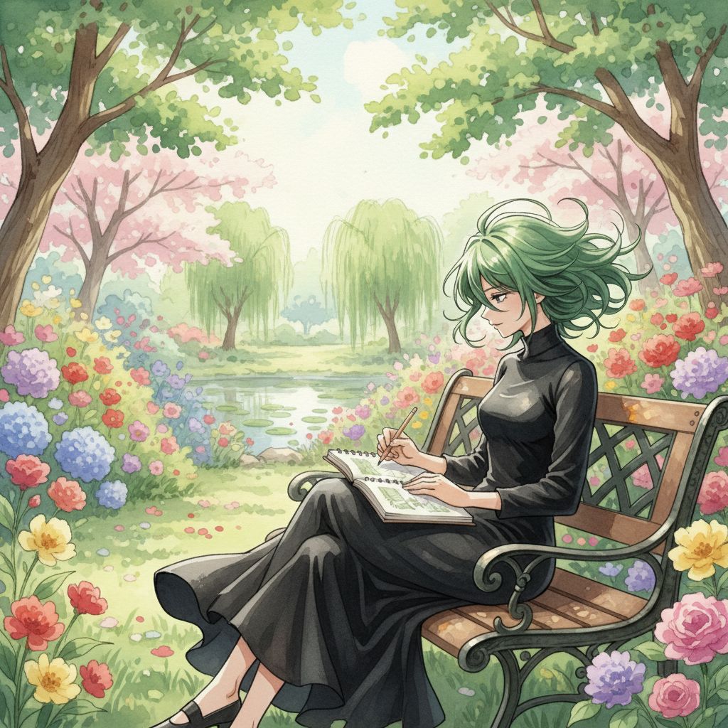 Tatsumaki sketching in a park surrounded by flowers.