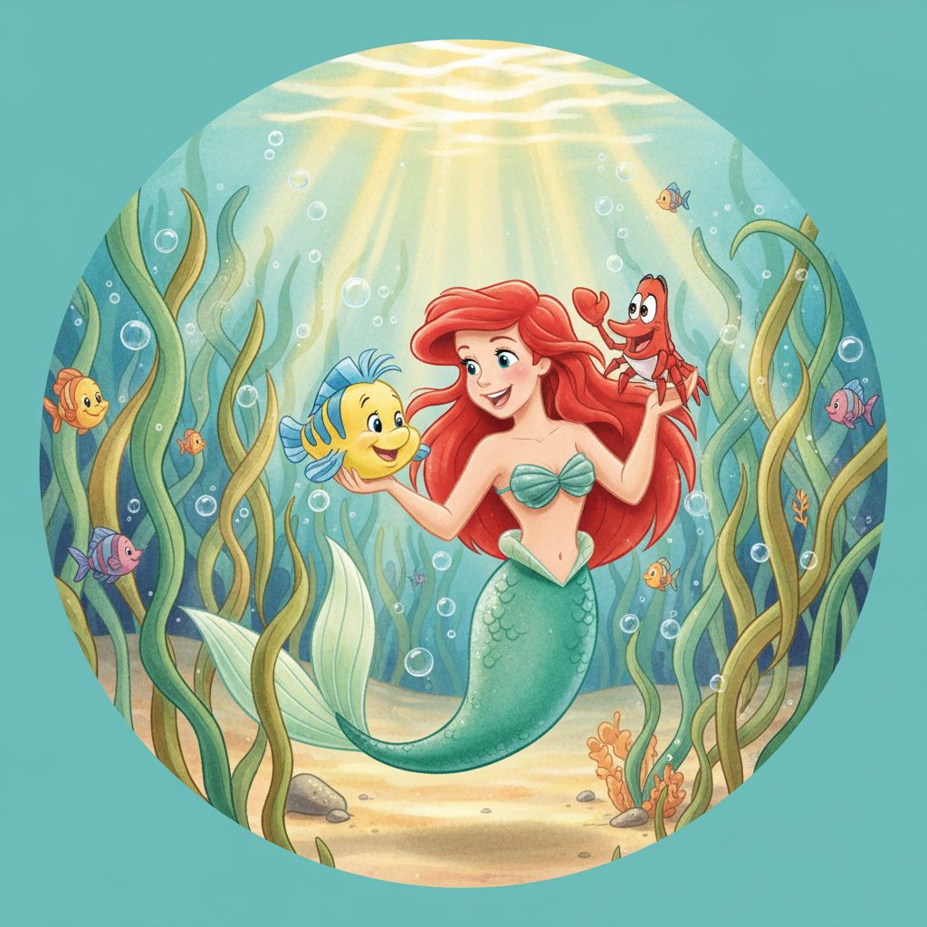 Charming children's book illustration of Ariel, Flounder, and Sebastian in a seaweed forest.