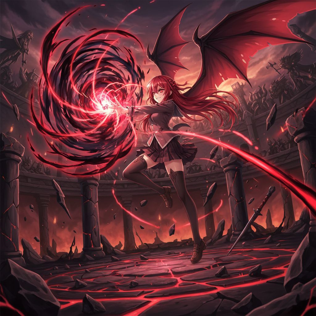 Rias Gremory in battle, unleashing powers in a DxD-style arena, dynamic action art.