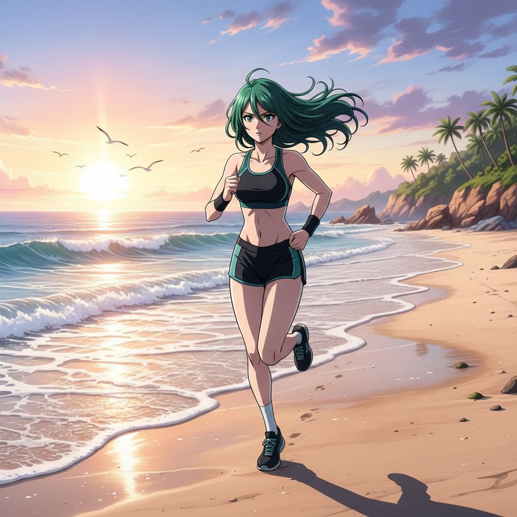 Tatsumaki jogging on a beach at sunrise.