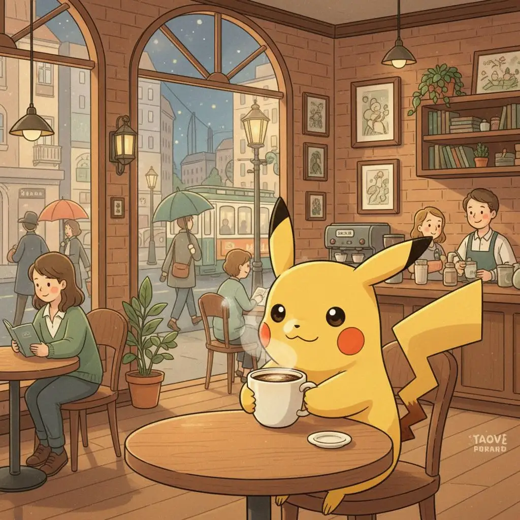 Pikachu enjoying coffee at a city cafe, soft lighting, illustrative style.