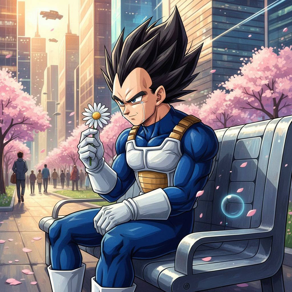 Vegeta enjoying a moment of peace on a park bench, contemplating a flower in a city.